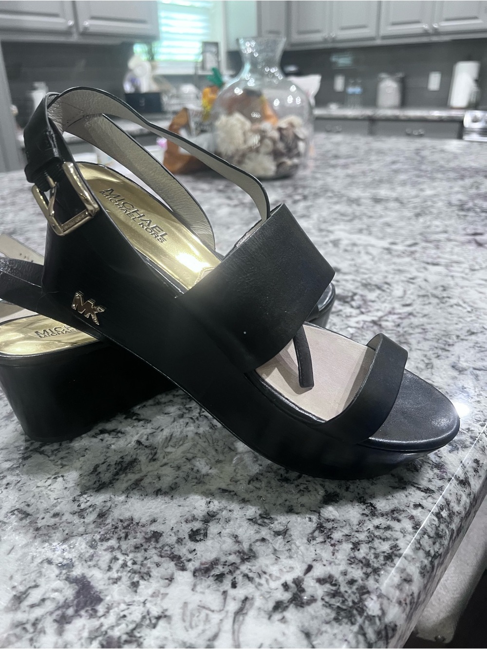 Michael Kors Black Platform Slingback Sandals with Gold MK Accent